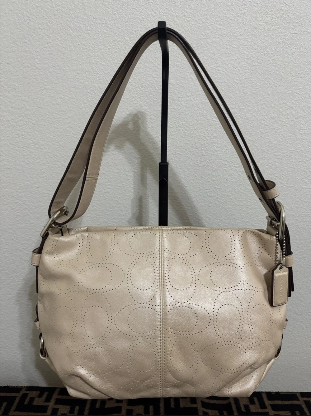 Coach Cream Perforated Signature Leather Shoulder Bag